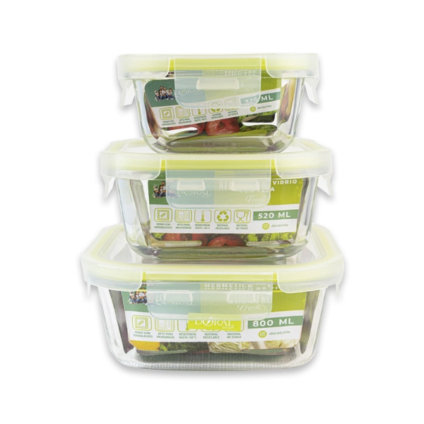 SET 3 HERMETICOS VIDRIO 320/520/800 ML CUADRADO BOROSILICATO