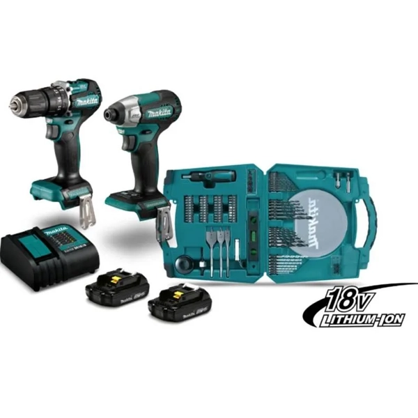COMBO TALADRO ATORNILLADOR PERCUTOR DHP487 + ATORNILLADOR DE IMPACTO DTD157 + SET 60 PIEZAS MAKITA