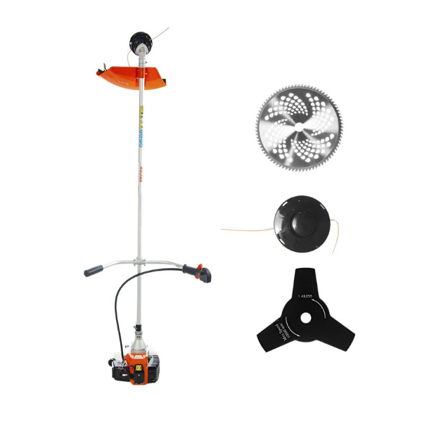 Conoce la desmalezadora Wulkan Slim de 52 cc y 1.450 W. Incluye tres accesorios: nylon, cuchillo tipo estrella y sierra.